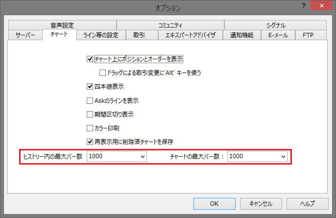 MT4オプションのチャートタブで最大バー数を変更する