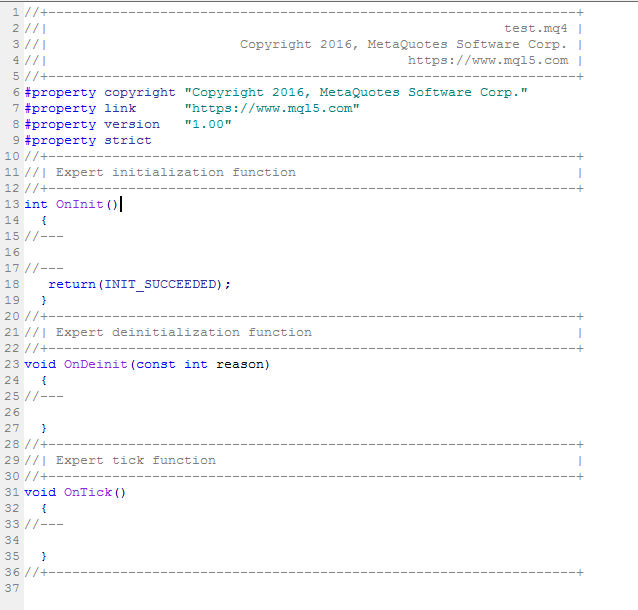 ウィザードで自動生成されたEAのひな形ソース（test.mq4）