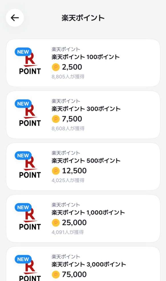 AHEALTHの楽天ポイント交換。100ポイント2,500P、300ポイント7,500P、500ポイント12,500P