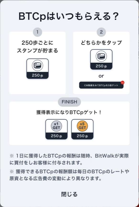 BitWalkのBTCpはいつもらえる？の説明。250歩ごとにスタンプが貯まり、タップで1倍、CMで5倍