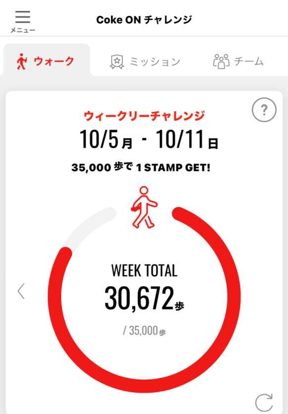 Coke ONのウォーク画面。週35,000歩で1スタンプ、WEEK TOTALの右下にリロードボタン