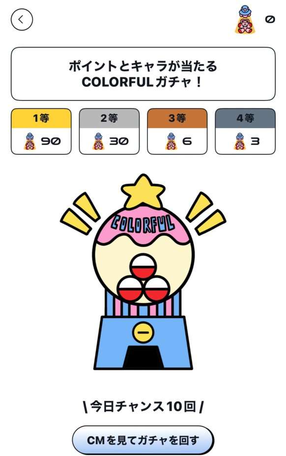 COLORFULガチャ。1等90、2等30、3等6、4等3、今日チャンス10回