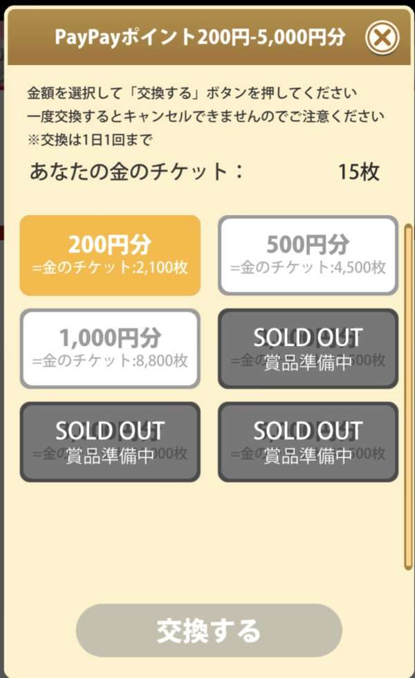 えみぅのPayPayポイント交換画面。200円分は金のチケット2,100枚、500円分は4,500枚、1,000円分は8,800枚で、残りはSOLD OUT