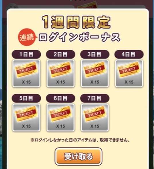 えみぅの1週間限定連続ログインボーナス画面。1日目から7日目まで金のチケット15枚ずつ